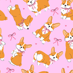 Seamless pattern with cute corgi dogs with bows on their necks. Vector graphics.