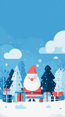 Festive winter scene featuring santa claus surrounded by decorated christmas trees and gifts under a snowy blue sky