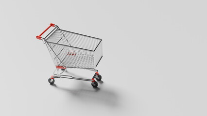 shopping cart stands upright on a plain surface. It has a simple design and no items inside. This setting suggests a retail area where shoppers gather goods © angel_nt