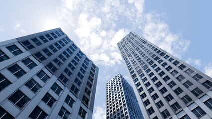 Obraz premium Tall buildings reach towards the sky in a busy urban area. structures have many windows and stand under a bright blue sky with some clouds. 3d render