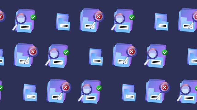 Seamless pattern of file search, folder verification, and data audit icons in a tile background animation. Repeating wallpaper with digital file search and directory data management symbols.