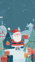 Festive illustration of santa claus in a snowy landscape with christmas trees and many colorful presents