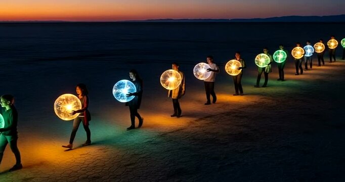A line of people walking at twilight carrying glowing orbs across a dark landscape