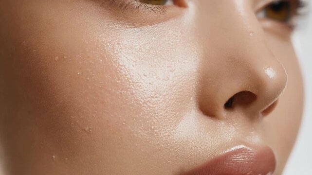 Closeup of a womans face with glowing healthy skin and glossy lips showcasing natural beauty and skincare. 4k Beauty Footage Video