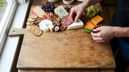 Preparing a Cheese Platter with Crackers and Fruits.