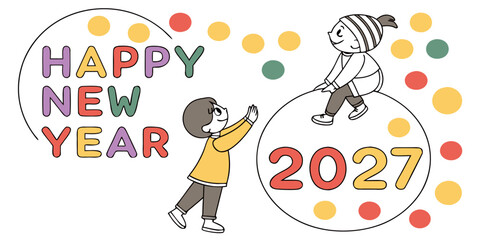 Fototapeta premium Happy New Year 2027 Kids Illustration – Playful Festive Design with Colorful Circles and Cartoon Characters, Perfect for Holiday Cards, Posters, Celebration Graphics, and Seasonal Artwork