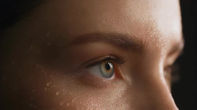 Closeup of a womans face with sweat on her skin showing effort and determination. 4k Beauty Footage Video
