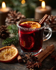 glass of mulled wine with cinnamon and orange slices, warm winter drink, festive mood