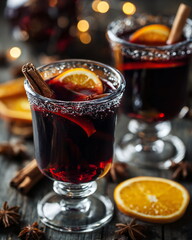 Fototapeta premium glass of mulled wine with cinnamon and orange slices, warm winter drink, festive mood