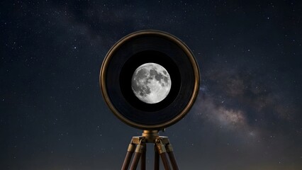 Telescope Viewing Full Moon in Night Sky.