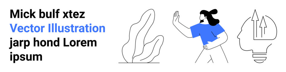 Creativity, inspiration, self-growth, innovation, idea generation, human potential. Woman gesturing, abstract plant brain with arrows. Creativity and idea generation visually