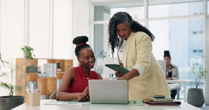 Laptop, feedback and businesswoman with manager in office with tablet for creative project. Discussion, computer and female magazine editor with supervisor for advice on publishing in workplace.