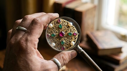 Hand holding magnifying glass over jewelry.