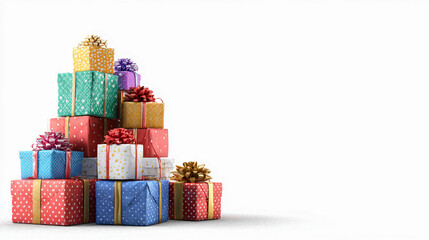 A festive stack of colorful gift boxes with ribbons and bows, ideal for holidays, isolated on white background