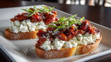 Two slices of toasted bread topped with creamy cheese and sun dried tomatoes are served on a white plate