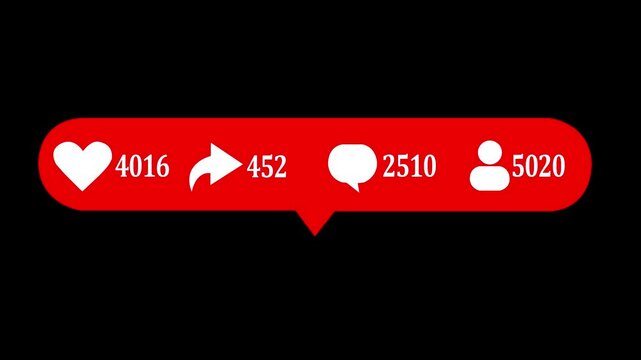 Social media counter animation with fast-growing metrics: likes, comments, share, and followers. Red social media symbol. Rising numbers of likes, comments and shares. Social media interaction ...