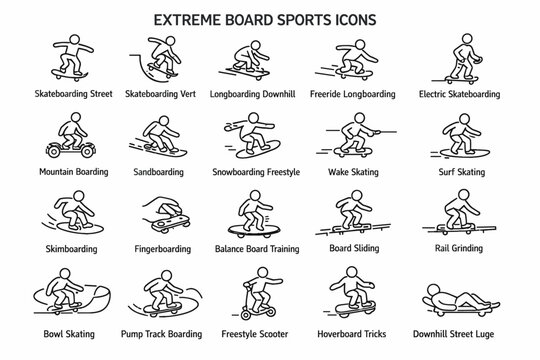 A set of 20 simple black and white line icons called EXTREME BOARD SPORTS ICONS.