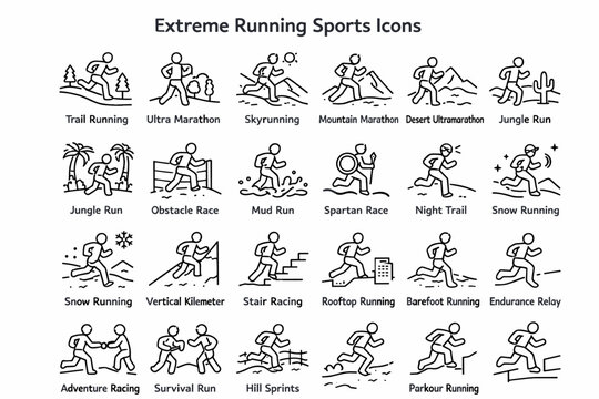 A set of 20 simple black and white line icons called Extreme Running Sports Icons.