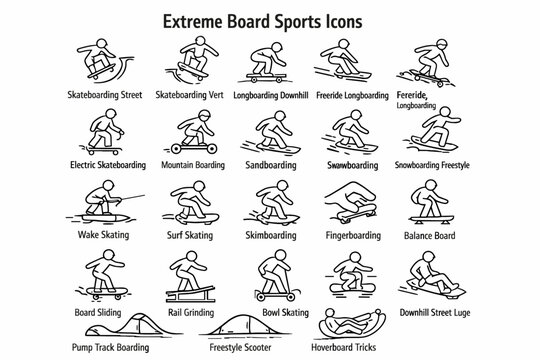 A set of 20 simple black and white line icons called Extreme Board Sports Icons.