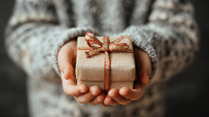 Closeup of a childs hands holding a small, beautifully wrapped gift box with a red ribbon, symbolizing giving and celebration