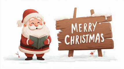 Santa claus reading a book next to a merry christmas wooden sign, isolated on white background