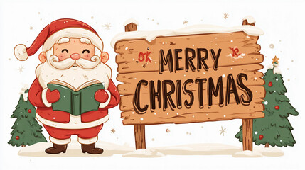 Cartoon santa claus reading a storybook next to a merry christmas sign and pine trees, isolated on white background