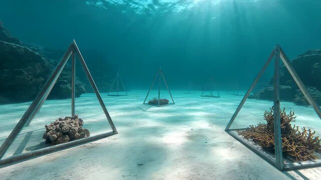 Underwater installation with geometric frames resting on sandy seabed in clear blue ocean