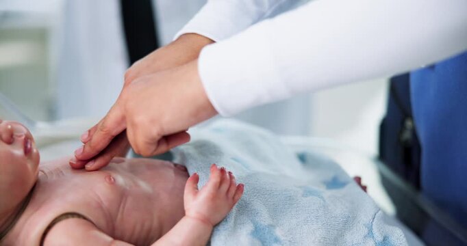Hands, nurse and baby with cpr training doll, mentor or learning with assessment for career at hospital. Medical student, person and skills with emergency services, education or life saving at clinic