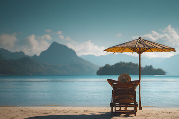a man relaxes on the beach in lawn chairs under an umbrella