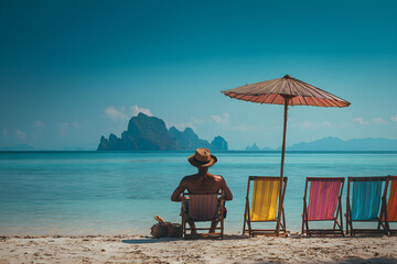 a man relaxes on the beach in lawn chairs under an umbrella