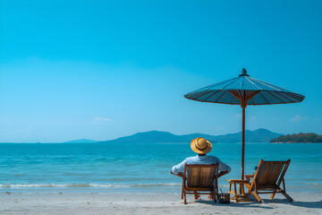 a man relaxes on the beach in lawn chairs under an umbrella