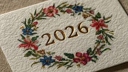 A close-up shot of elegant flowers encircling the gleaming metallic number "2026" on a textured paper background symbolizes New Year's blessings and a fresh start, while providing ample space for text