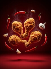Crispy fried chicken pieces and red chili peppers floating in mid-air with garlic cloves against a dark red background