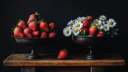 Strawberries & daisies in vintage bowls on aged wood