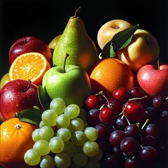 Still life pile of varied fresh fruit, dark background