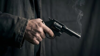 Man holding a smoking handgun closeup.