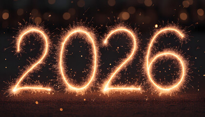 Sparkling fireworks display in the year 2026 in a dark background