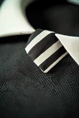 Black shirt detail, striped tie, contrasting collar
