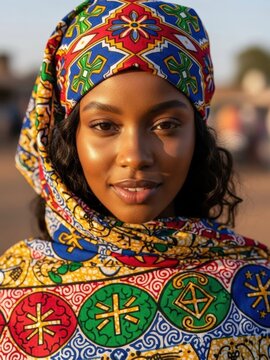 An African woman elegantly dressed in a kitenge headwrap, reflecting cultural pride and timeless style.
