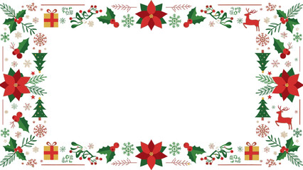 A festive Christmas frame with red poinsettias, green holly, and colorful decorations on a white background, perfect for holiday greeting cards or invitations.