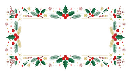 A festive Christmas frame with holly, berries, and snowflakes on a white background, perfect for holiday greeting cards or decorations.