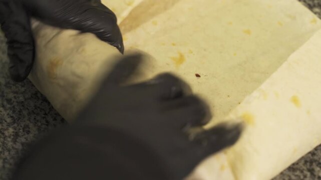 Creating delicious shawarma rolls with expert precision in the kitchen