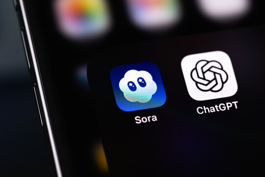 Sora, ChatGPT mobile icon app on a screen smartphone. Sora is an AI model designed to generate full HD video from a short text description, developed by OpenAI. Batumi, Georgia - November 12, 2025