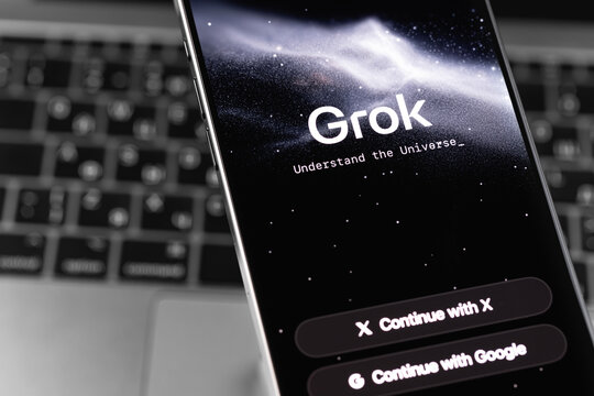 Grok logo mobile app on a screen smartphone. Grok is a generative AI-powered chatbot developed by xAI. Batumi, Georgia - November 12, 2025