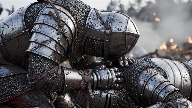 Medieval Knight Mourning Over Fallen Comrade on Battlefield Aftermath
