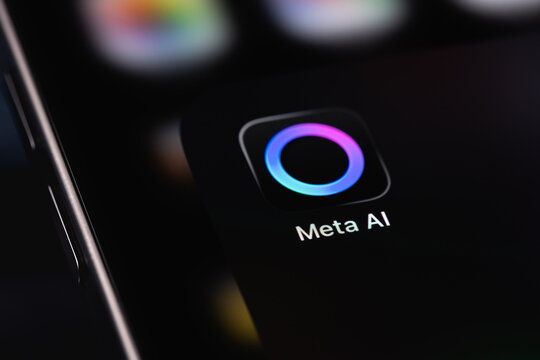 Meta AI logo mobile app on a screen smartphone closeup. Meta AI is an AI-powered virtual assistant developed by Meta Platforms. Batumi, Georgia - November 12, 2025