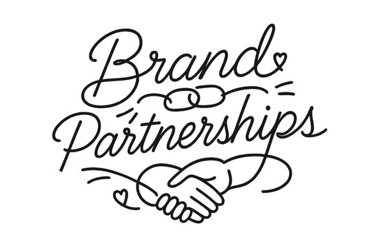 Stylized Handwritten Partnerships. Brand Partnerships ? brush script hand-lettering with fluid semi-cursive strokes, thin connectors, fast brush accents;