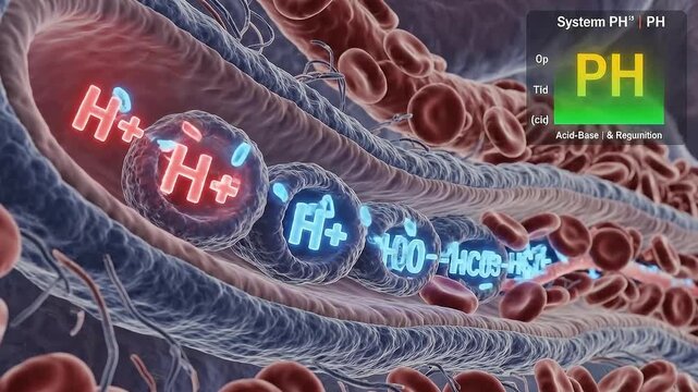 Bloodstream With Flowing Red Blood Cells And Visible Hydrogen Ions Illustrating pH Balance And Acidity Levels Within The Vascular System
