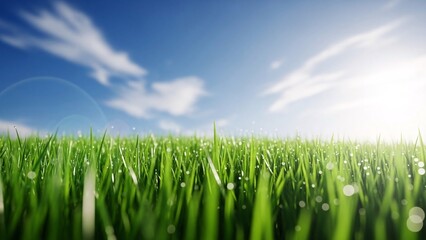 Close up view of green grass with water droplets glistening in soft morning sunlight against blue sky with wispy clouds, fresh, natural, and serene.