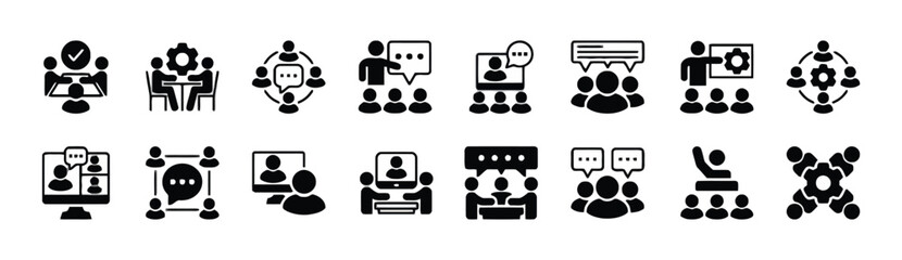 Meeting team work group vector icon set for business teamwork and corporate communication and team collaboration symbol